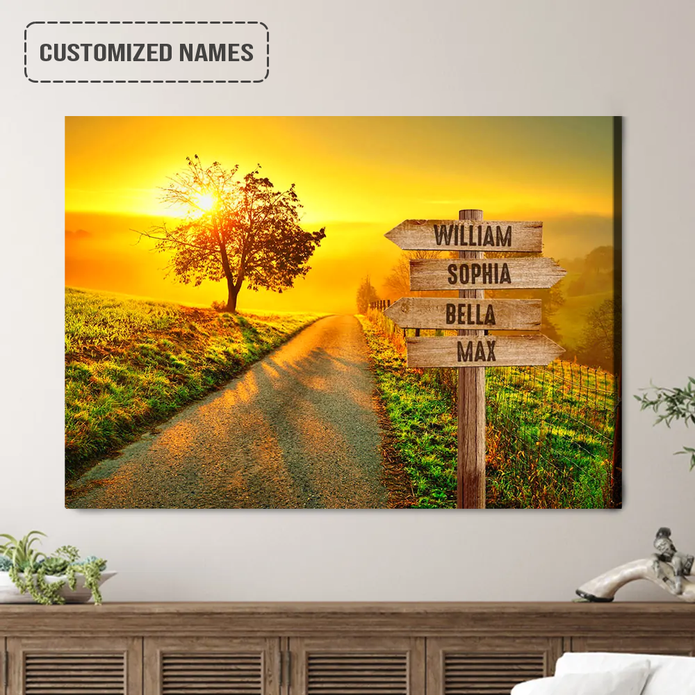 Personalized Family Names Sign Wall Art Canvas Hanging, Beautiful Sunset Landscape Canvas Poster Home Decor