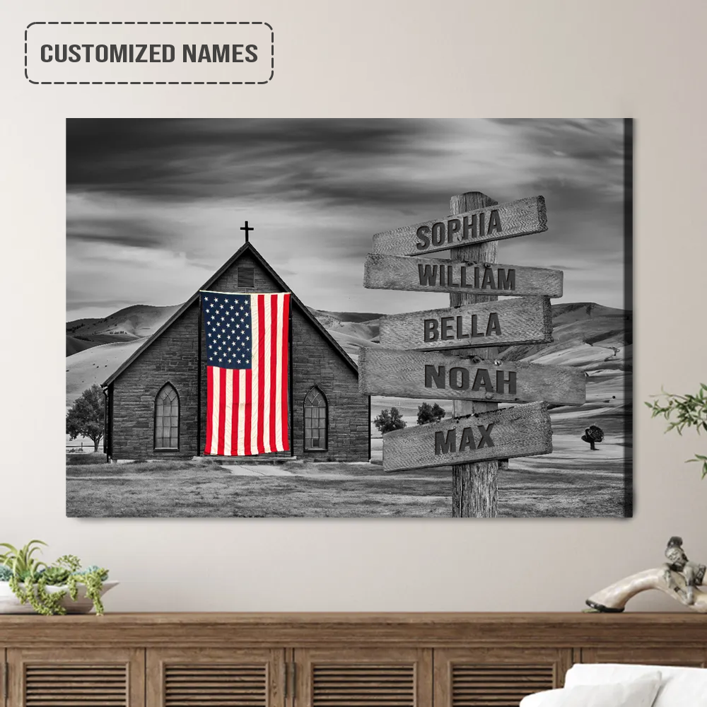 Personalized Family Names Sign Wall Art Canvas Hanging, Church With American Flag Black And White Landscape Canvas Decor