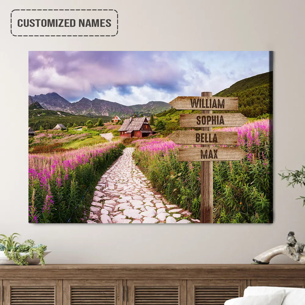 Personalized Family Names Sign Wall Art Canvas Hanging, Colorful Flowers And Cottages Landscape Canvas Poster Home Decor