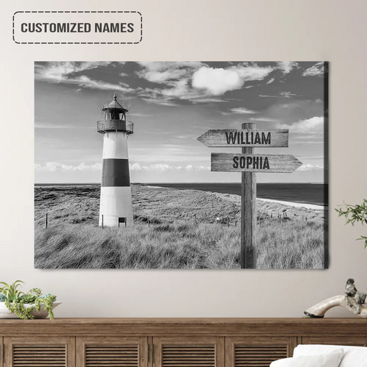 Personalized Family Names Sign Wall Art Canvas Hanging, Ellenbogen Lighthouse Black And White Landscape Canvas Decor