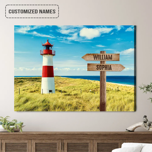 Personalized Family Names Sign Wall Art Canvas Hanging, Ellenbogen Lighthouse On Sand Dune Landscape Canvas Home Decor