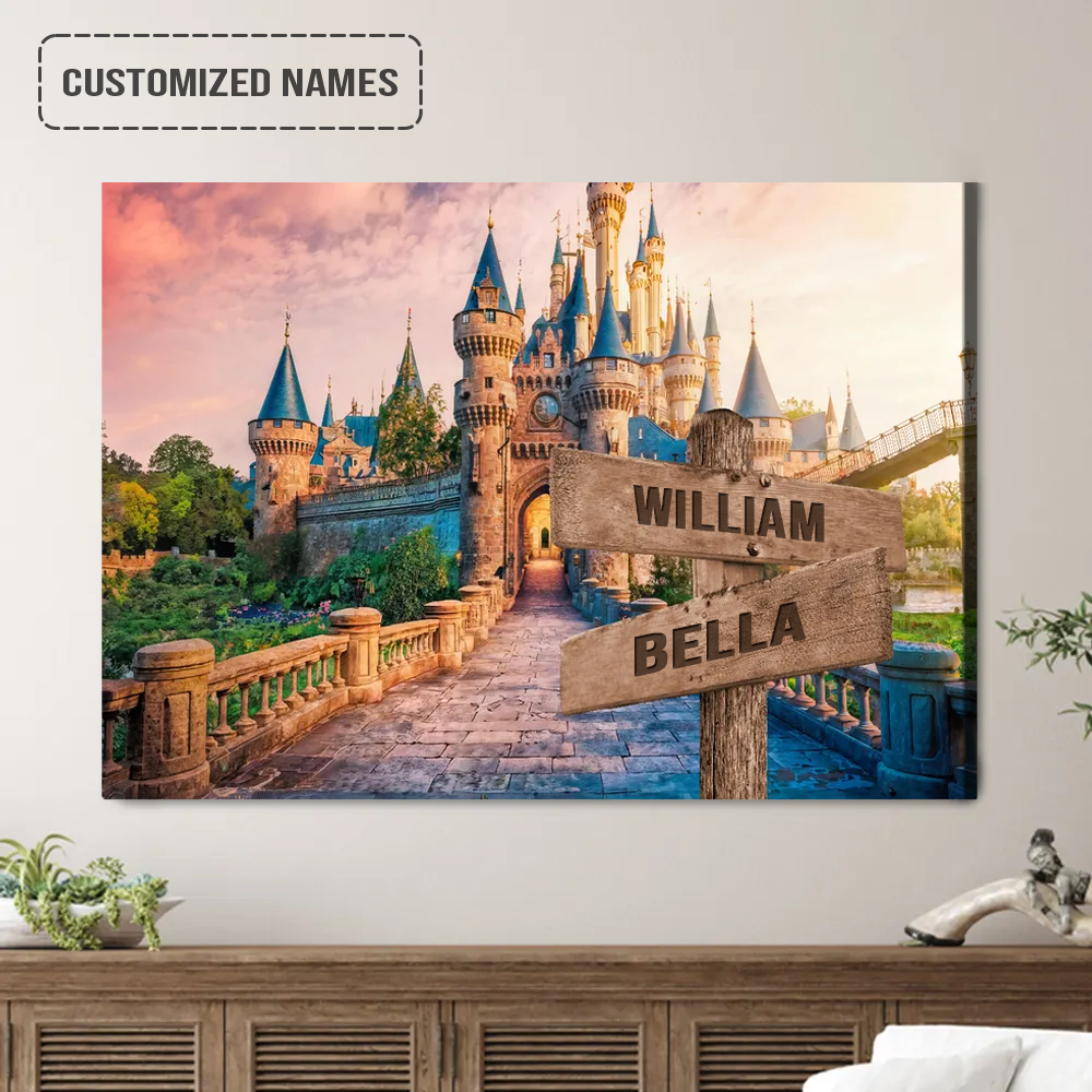 Personalized Family Names Sign Wall Art Canvas Hanging, Fairy Tale Castle Landscape Canvas Poster Home Decor
