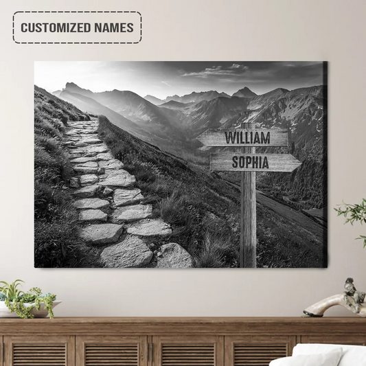 Personalized Family Names Sign Wall Art Canvas Hanging, Footpath In Mountains Black And White Landscape Canvas Decor