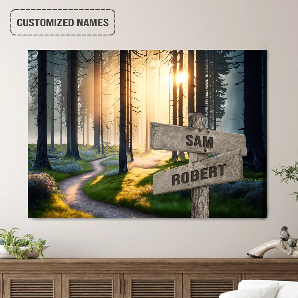 Personalized Family Names Sign Wall Art Canvas Hanging, Forest Path Landscape Canvas Poster Perfect For Home Decor