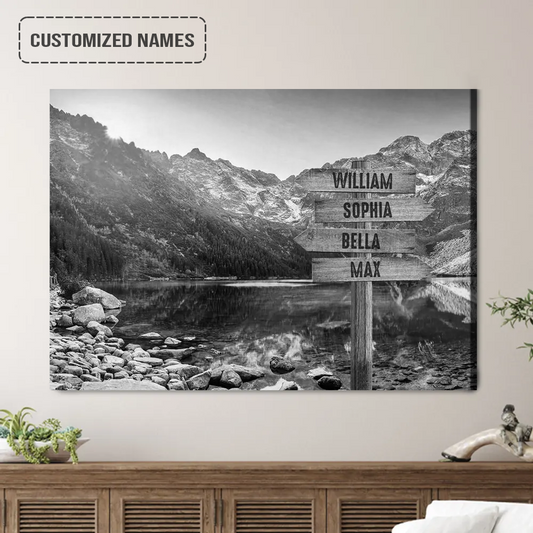 Personalized Family Names Sign Wall Art Canvas Hanging, Lake And Mountains Black And White Landscape Canvas Poster Decor