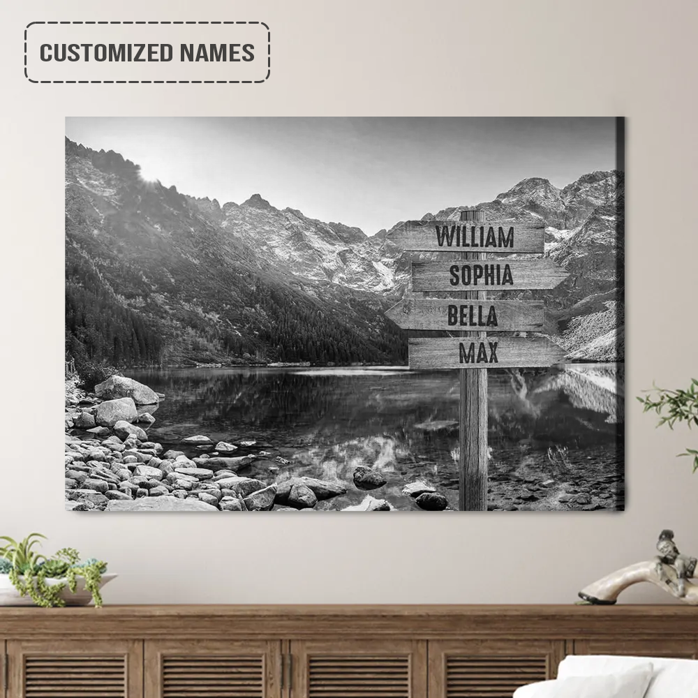 Personalized Family Names Sign Wall Art Canvas Hanging, Lake And Mountains Black And White Landscape Canvas Poster Decor