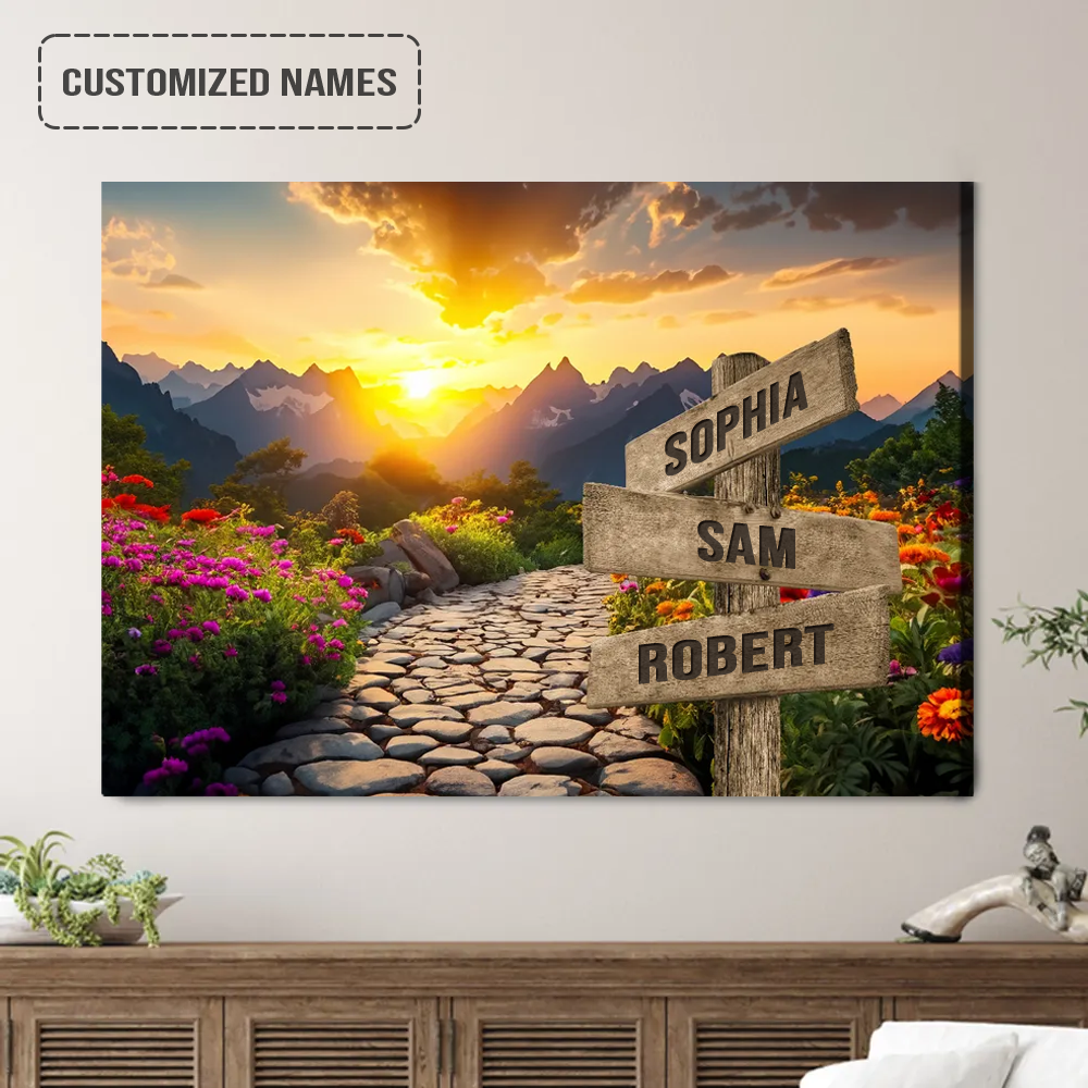 Personalized Family Names Sign Wall Art Canvas Hanging, Mountain Path Sunset Landscape Canvas Poster Perfect Home Decor