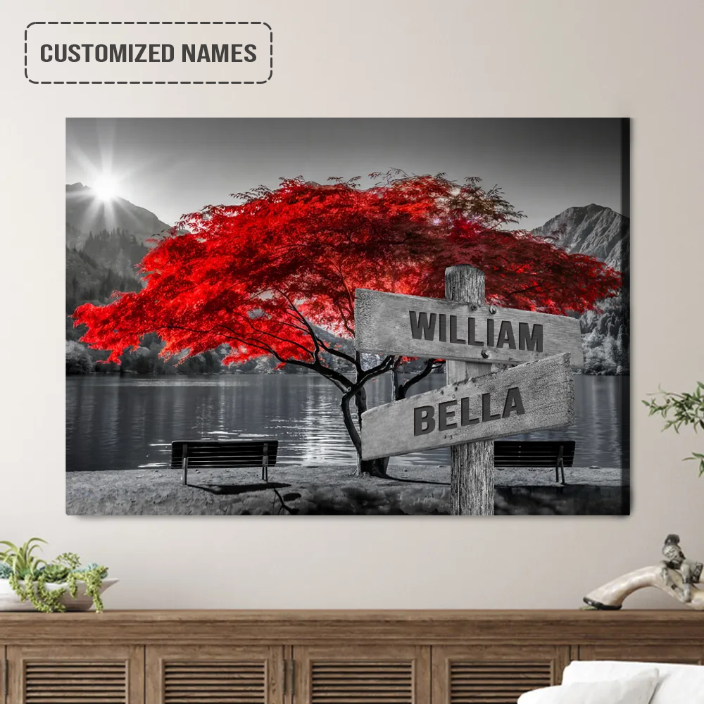 Personalized Family Names Sign Wall Art Canvas Hanging, Red Tree On Lake Black And White Landscape Canvas Decor