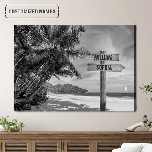 Personalized Family Names Sign Wall Art Canvas Hanging, Sunny Beach Coconut Palms Black And White Landscape Canvas Decor