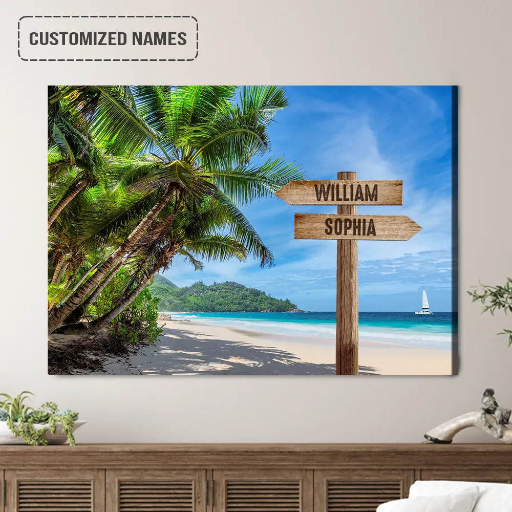 Personalized Family Names Sign Wall Art Canvas Hanging, Sunny Beach With Coconut Palms Landscape Canvas Home Decor