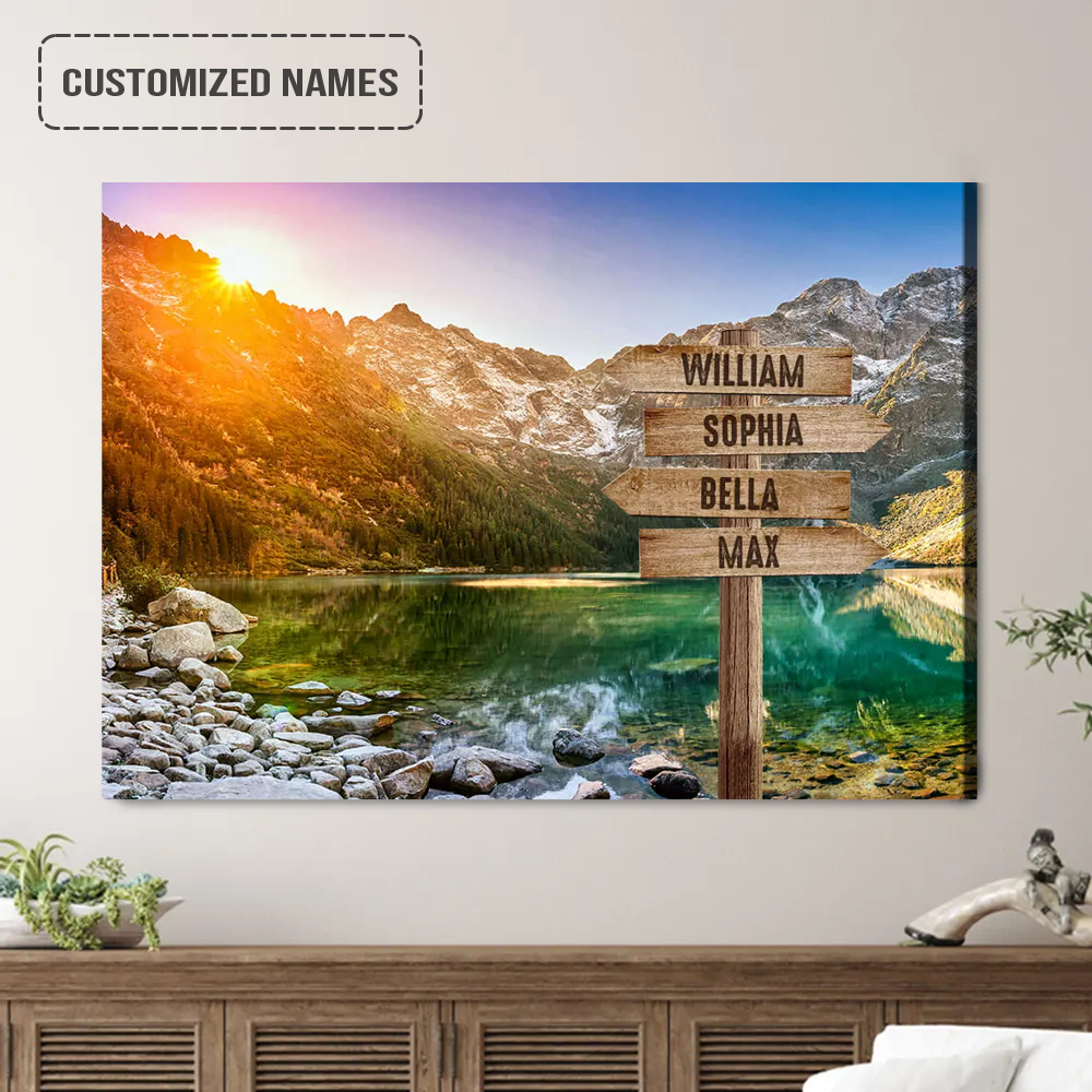 Personalized Family Names Sign Wall Art Canvas Hanging, Sunrise On Lake And Mountains Landscape Canvas Poster Home Decor