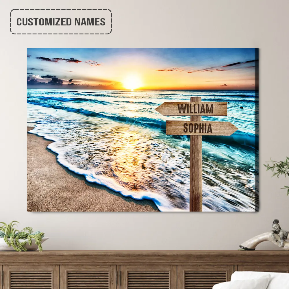 Personalized Family Names Sign Wall Art Canvas Hanging, Sunset On The Beach Landscape Canvas Poster Home Decor