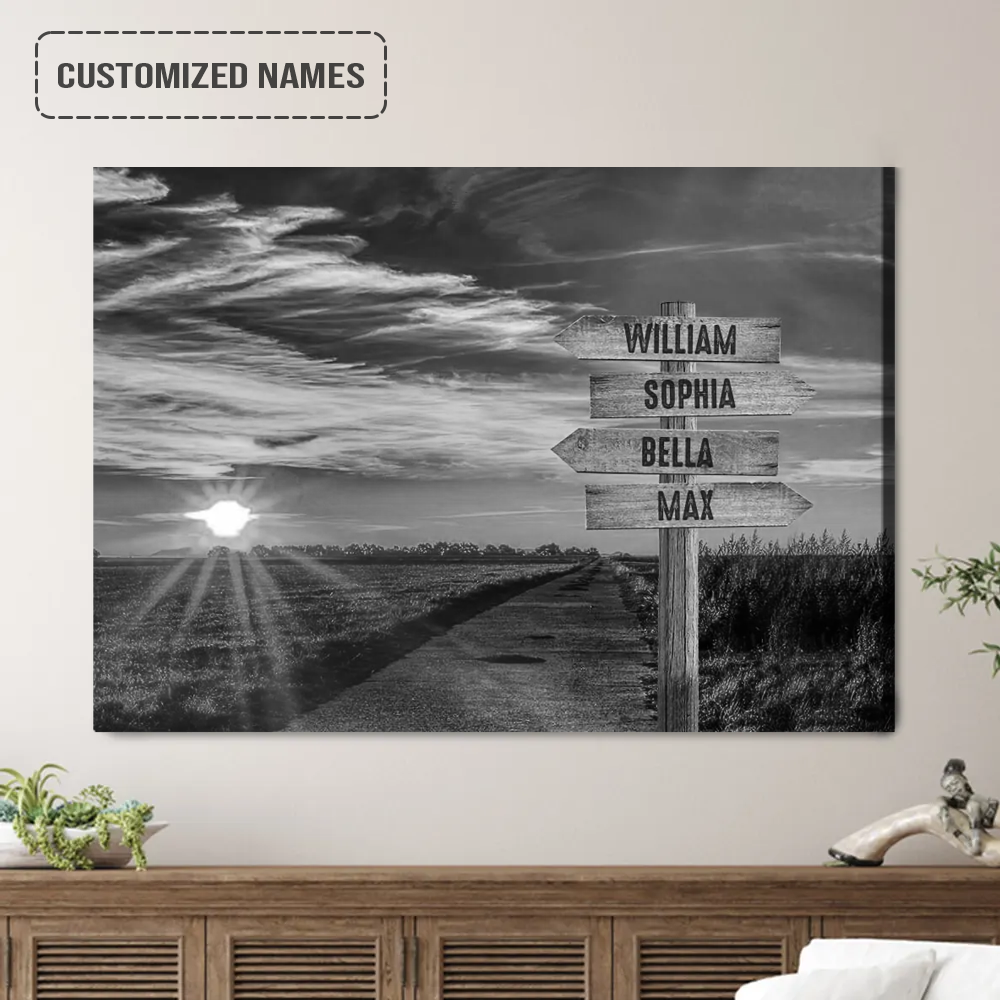 Personalized Family Names Sign Wall Art Canvas Hanging, Sunset On The Farm Road Black And White Landscape Canvas Decor