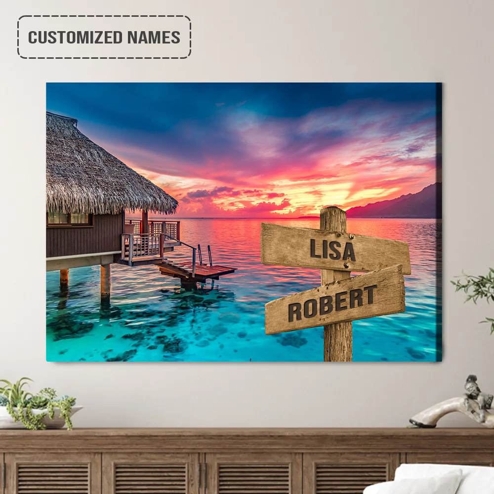 Personalized Family Names Sign Wall Art Canvas Hanging, Thatched Hut Sunset On Ocean Landscape Canvas Poster Home Decor