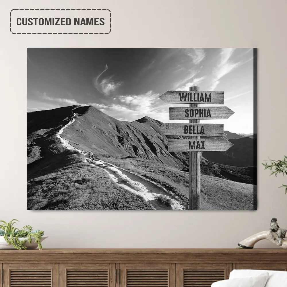 Personalized Family Names Sign Wall Art Canvas Hanging, Trail Through Mountains Black And White Landscape Canvas Decor