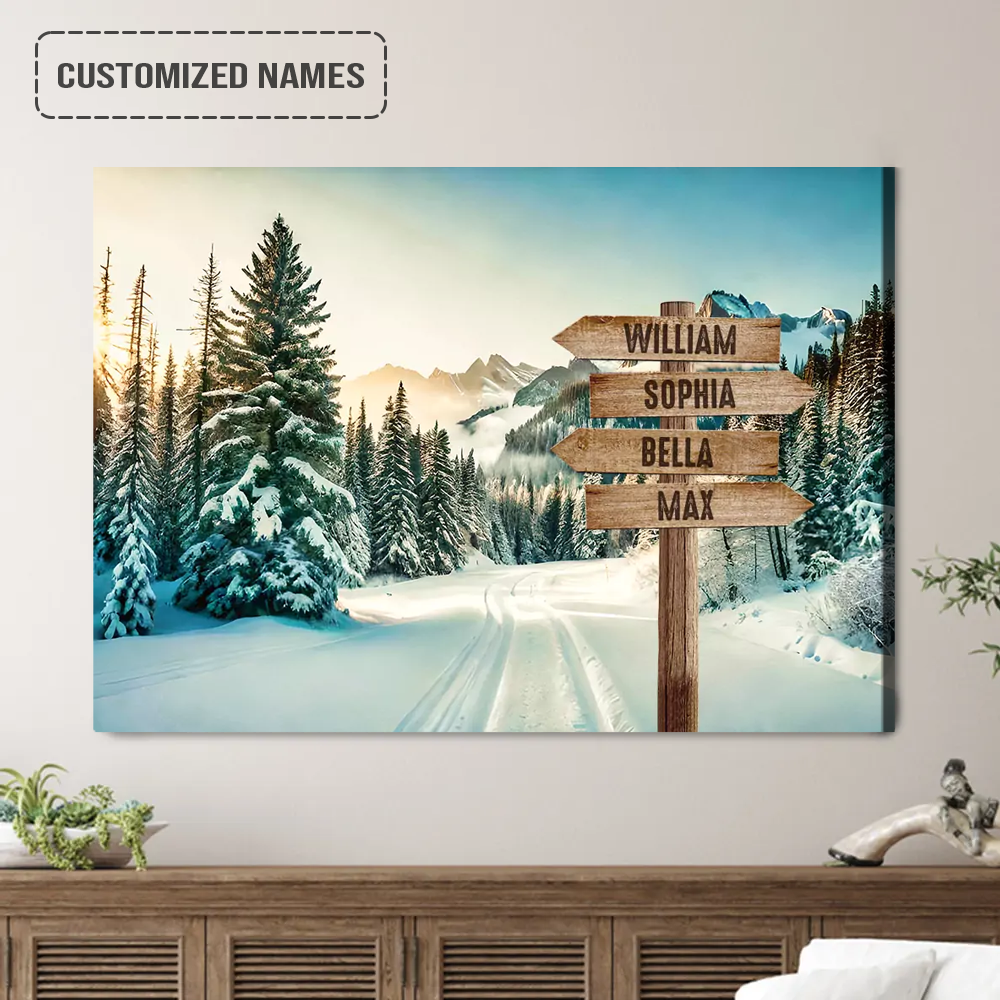 Personalized Family Names Sign Wall Art Canvas Hanging, Winter in The Mountains Landscape Canvas Poster Home Decor