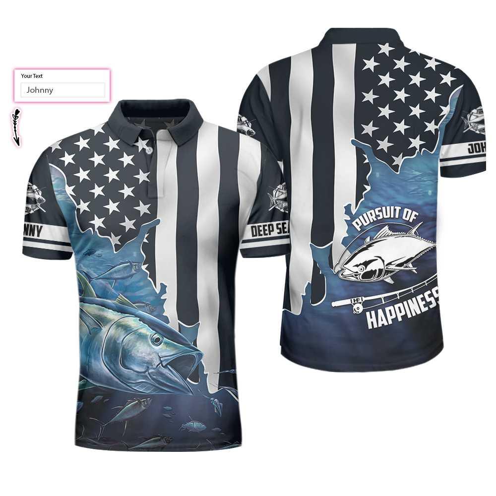 Personalized Fishing Men Polo Shirt, American Flag Tuna Pursuit of Happiness Custom Polo Shirt, Shirt, Best Fishing Custom Shirt For Men - Amzanimalsgift