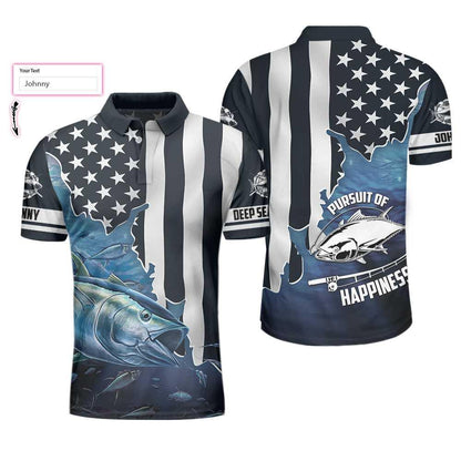 Personalized Fishing Men Polo Shirt, American Flag Tuna Pursuit of Happiness Custom Polo Shirt, Shirt, Best Fishing Custom Shirt For Men - Amzanimalsgift