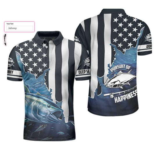 Personalized Fishing Men Polo Shirt, American Flag Tuna Pursuit of Happiness Custom Polo Shirt, Shirt, Best Fishing Custom Shirt For Men - Amzanimalsgift