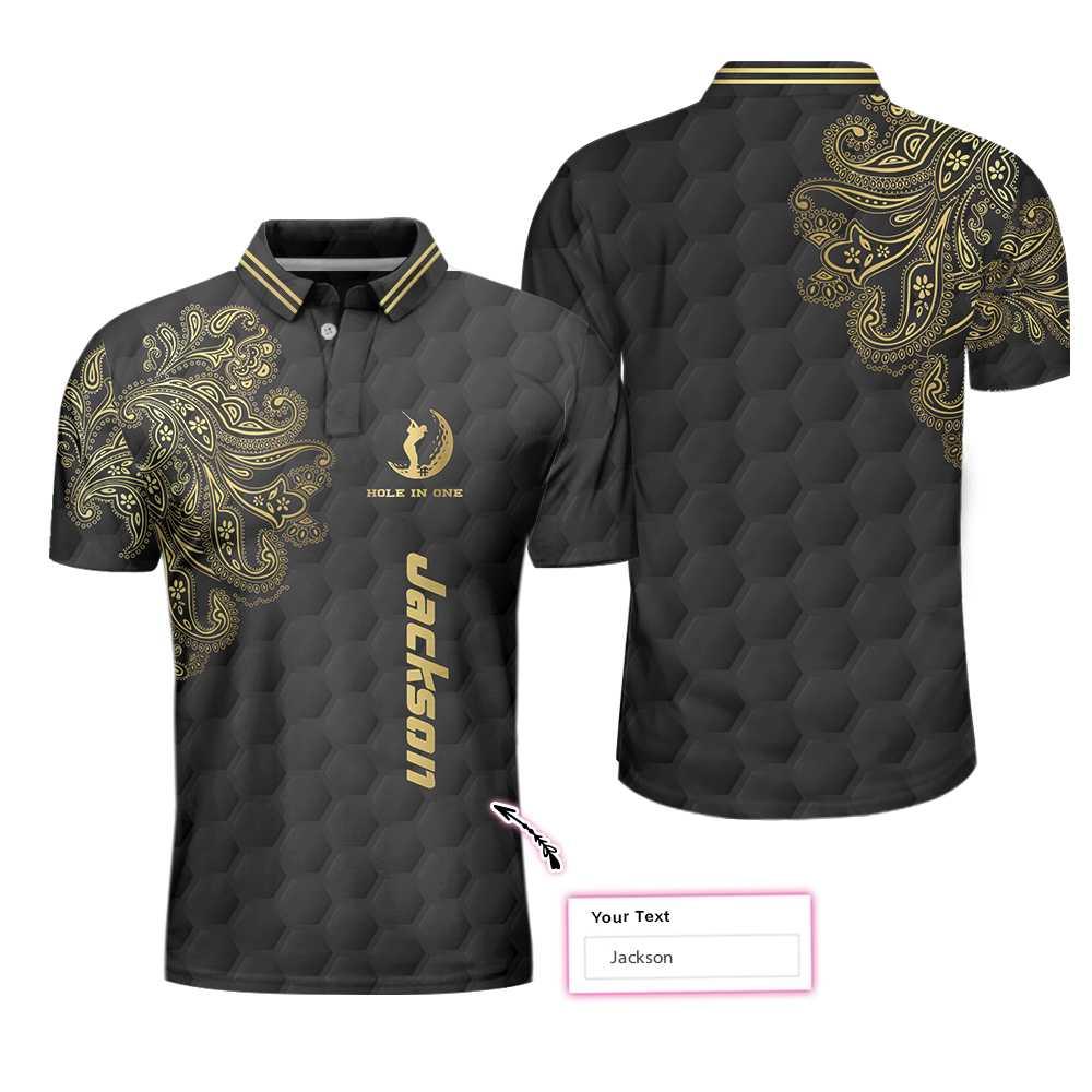 Personalized Golden Floral Paisley Golf Men Polo Shirt, Golden Hole In One Black Golf Texture Custom Shirt For Men - Amzanimalsgift