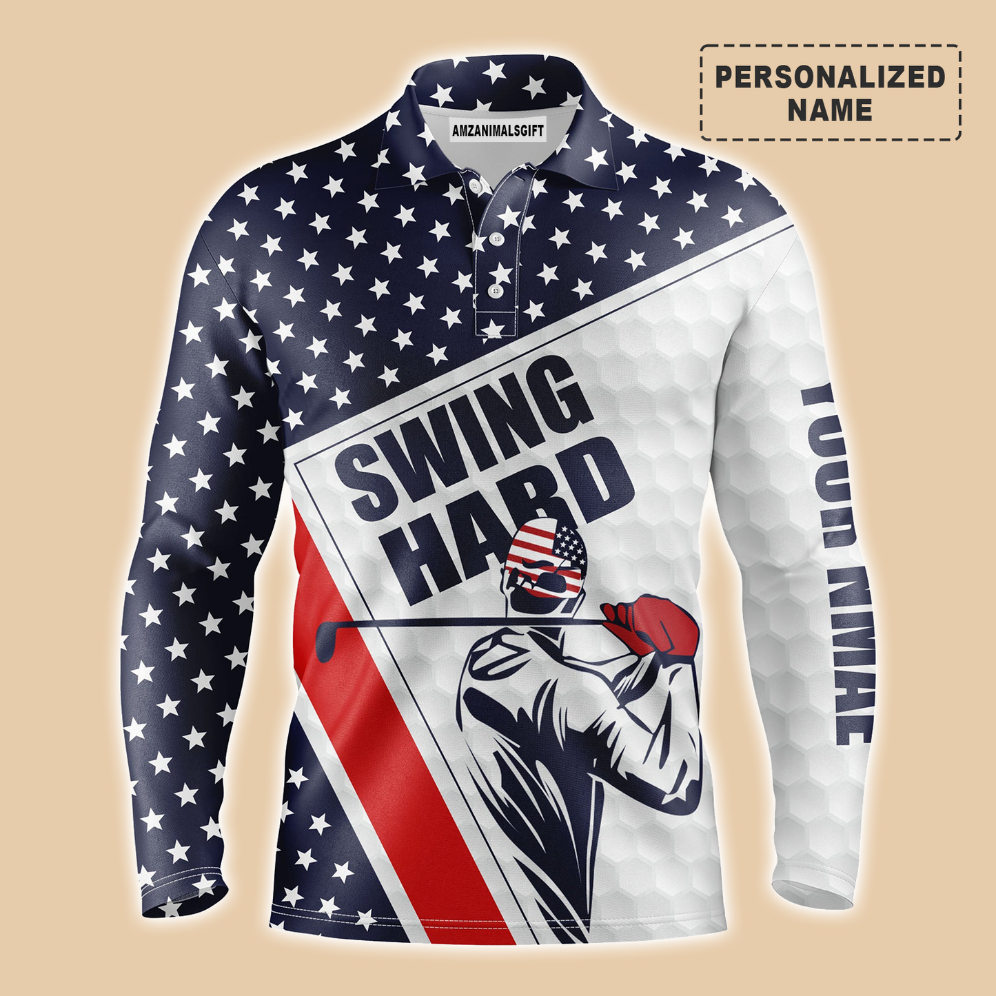 Golf Custom Name Long Sleeve Polo Shirt Patriotic American Flag Golf Apparel, Personalized Best Outfit For Golf Lover, Team, Golfer, 4th July