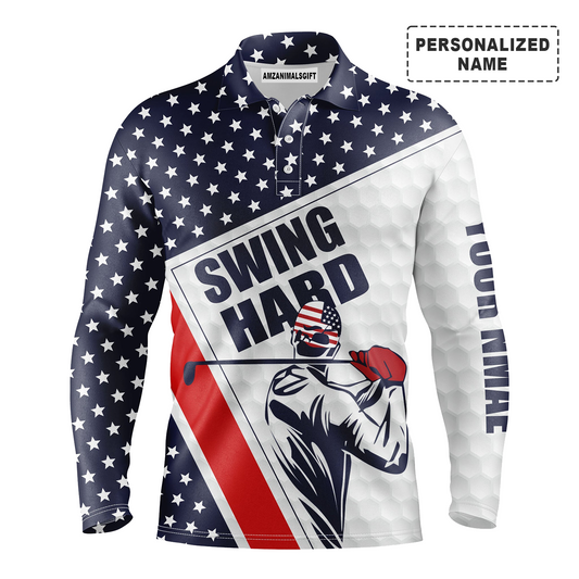 Golf Custom Name Long Sleeve Polo Shirt Patriotic American Flag Golf Apparel, Personalized Best Outfit For Golf Lover, Team, Golfer, 4th July