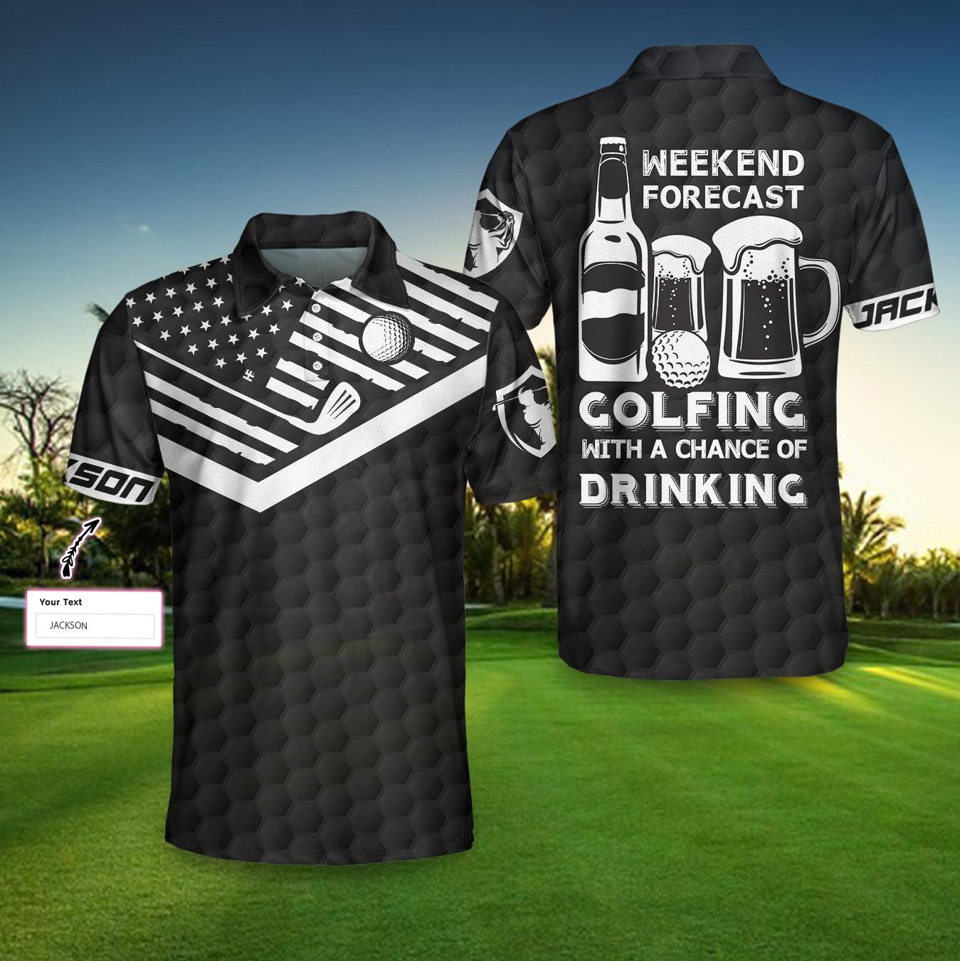 Personalized Golf Men Polo Shirts - Beer And Golf Weekend Forcast Golfing With The Change Of Drinking US Flag Custom Polo Shirts- Perfect Gift For Men - Amzanimalsgift