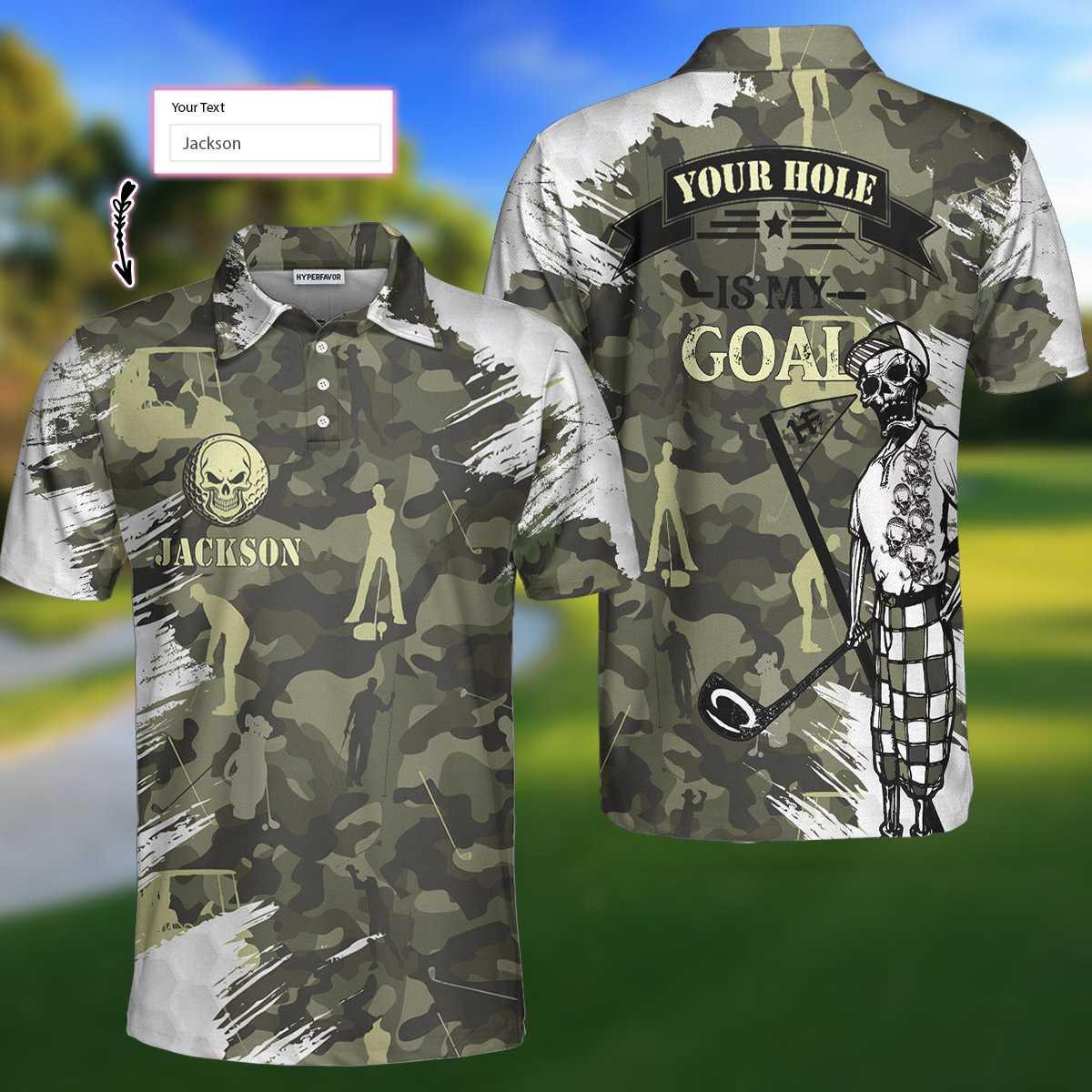 Personalized Golf Men Polo Shirts - Your Hole Is My Goal Skull Camo Pattern Custom Name Polo Shirt - Perfect Gift For Men, Golfers, Golf Lover - Amzanimalsgift