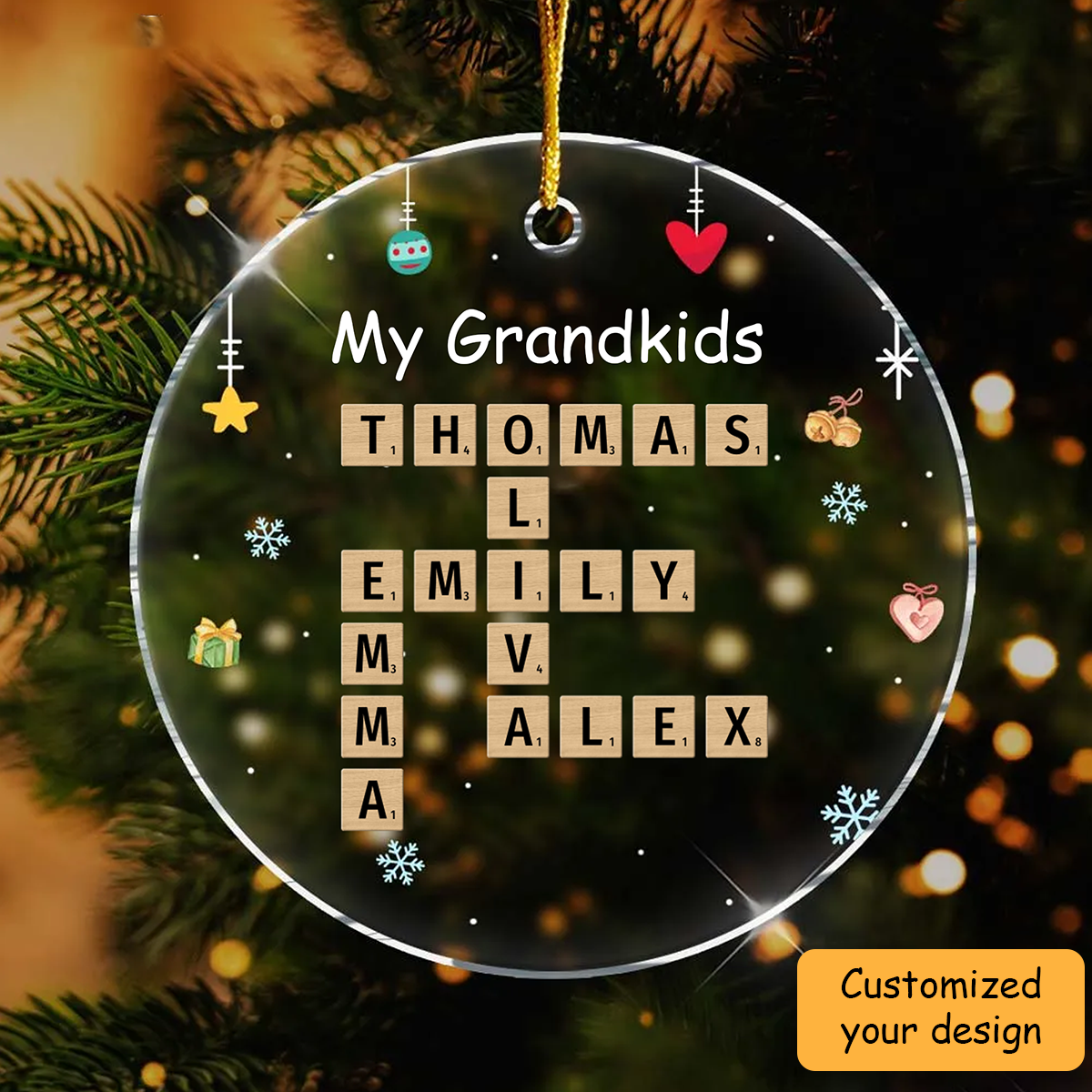 Personalized Grandkids Name Scrabble Crossword Puzzle Acrylic Ornament, Meaningful Christmas Ornament Gift For Grandma