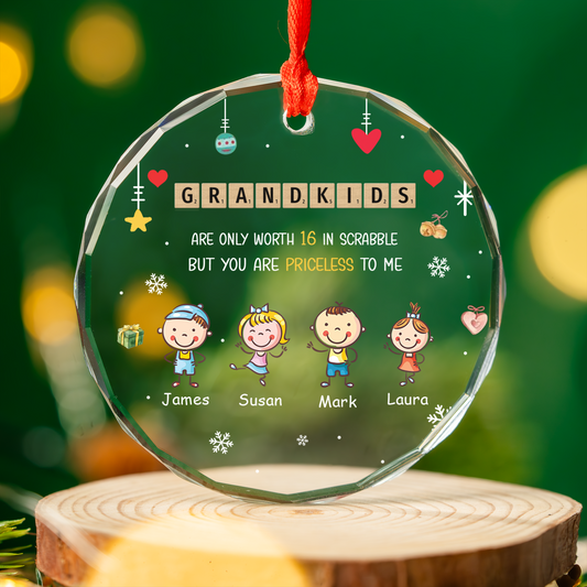 Personalized Grandkids Name Scrabble Crossword Puzzle Circle Glass Ornament, Christmas Ornament Gift For Grandma, Family