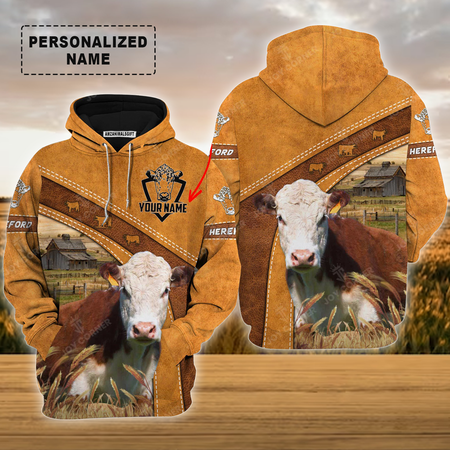 Personalized Hereford Cattle Hoodie, Leather Pattern Farm Hoodie For Friend, Family, Farmer, Hereford Cattle Lovers