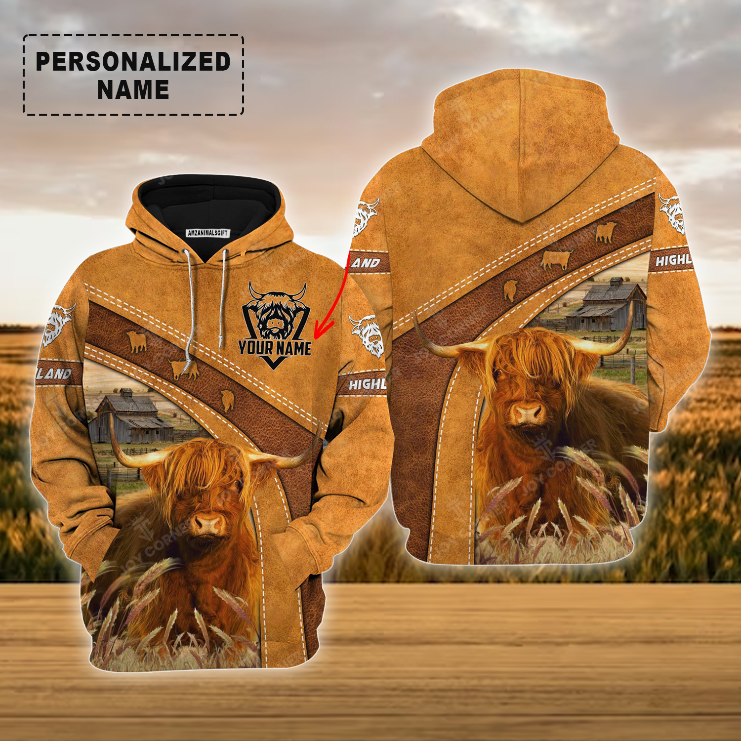 Personalized Highland Cattle Hoodie, Highland Cattle On The Farm Leather Pattern Shirt For Friend, Family, Farmer, Highland Cattle Lovers