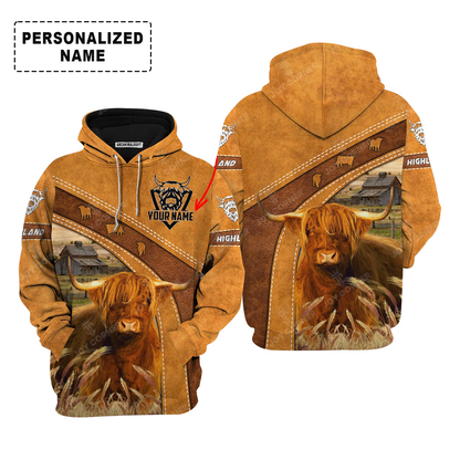 Personalized Highland Cattle Hoodie, Highland Cattle On The Farm Leather Pattern Shirt For Friend, Family, Farmer, Highland Cattle Lovers