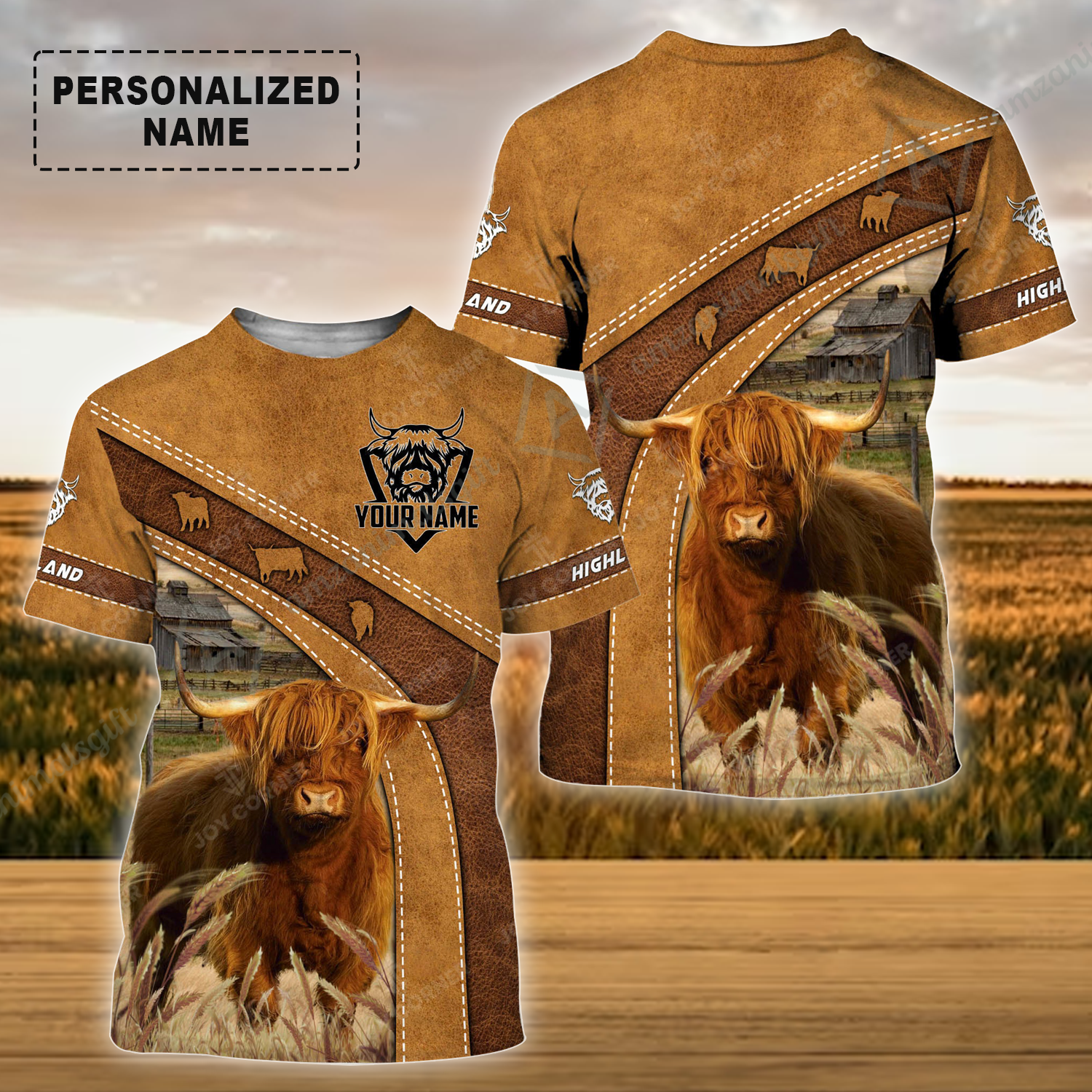 Personalized Highland Cattle T-Shirt, Highland Cattle On The Farm Leather Pattern Shirt For Friend, Family, Farmer, Highland Cattle Lovers