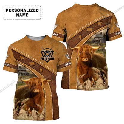 Personalized Highland Cattle T-Shirt, Highland Cattle On The Farm Leather Pattern Shirt For Friend, Family, Farmer, Highland Cattle Lovers