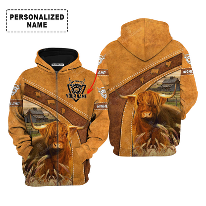 Personalized Highland Cattle Hoodie, Highland Cattle On The Farm Leather Pattern Shirt For Friend, Family, Farmer, Highland Cattle Lovers