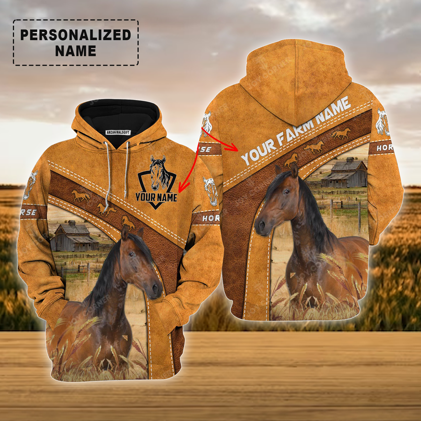 Personalized Horse Hoodie, Horse On The Farm Leather Pattern Custom Shirt For Friend, Family, Farmer, Horse Lovers
