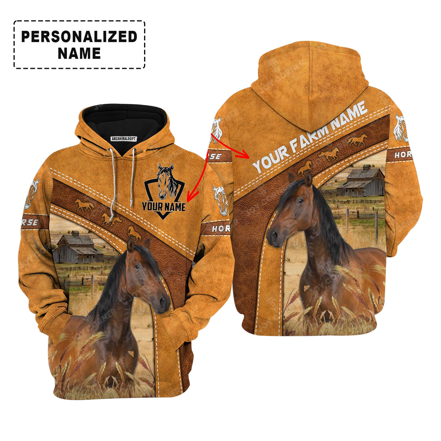 Personalized Horse Hoodie, Horse On The Farm Leather Pattern Custom Shirt For Friend, Family, Farmer, Horse Lovers
