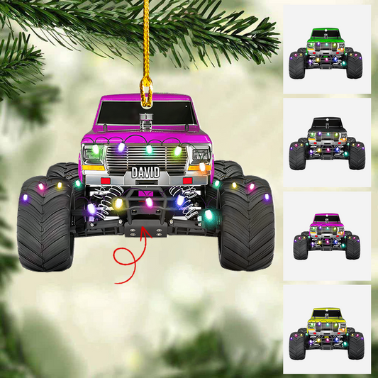 Personalized Monster Truck Vehicle With Christmas Light Flat Acrylic Ornament, Ornament Gift For Grandson, Son