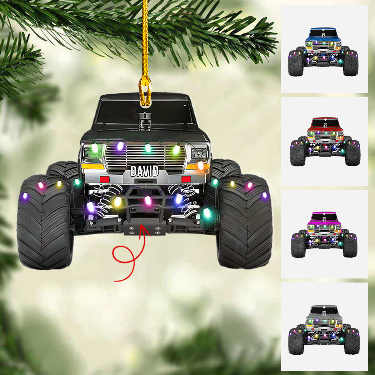 Personalized Monster Truck Vehicle With Christmas Light Flat Acrylic Ornament, Ornament Gift For Grandson, Son