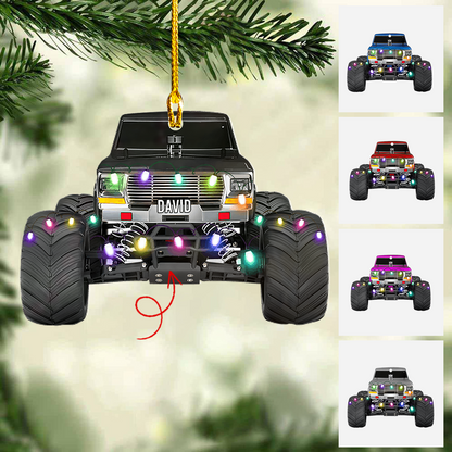 Personalized Monster Truck Vehicle With Christmas Light Flat Acrylic Ornament, Ornament Gift For Grandson, Son