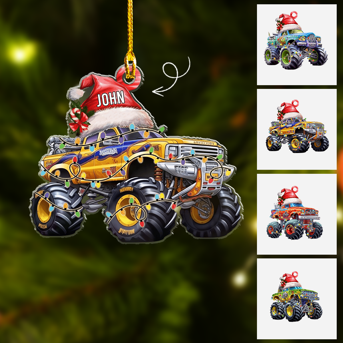 Personalized Monster Truck With Led Light Flat Acrylic Ornament, Christmas Ornament Gift For Grandson, Son, Friends, Family