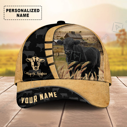 Personalized Name Black Angus Cap, Farm Cattle Pattern Custom Hats For Friend, Family, Farmers, Black Angus Lovers
