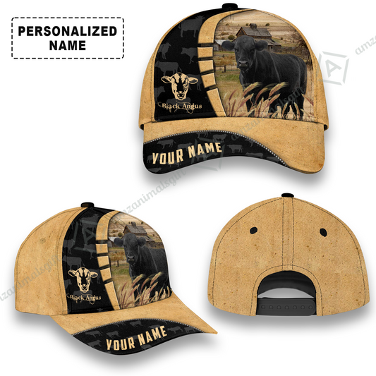Personalized Name Black Angus Cap, Farm Cattle Pattern Custom Hats For Friend, Family, Farmers, Black Angus Lovers