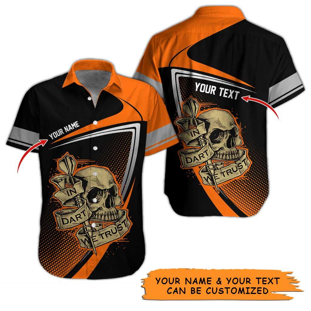 Personalized Name Darts Aloha Hawaiian Shirt - Cool Darts Pattern And Skull, In Darts We Trust Personalized Name Hawaiian Shirt For Men & Women - Amzanimalsgift