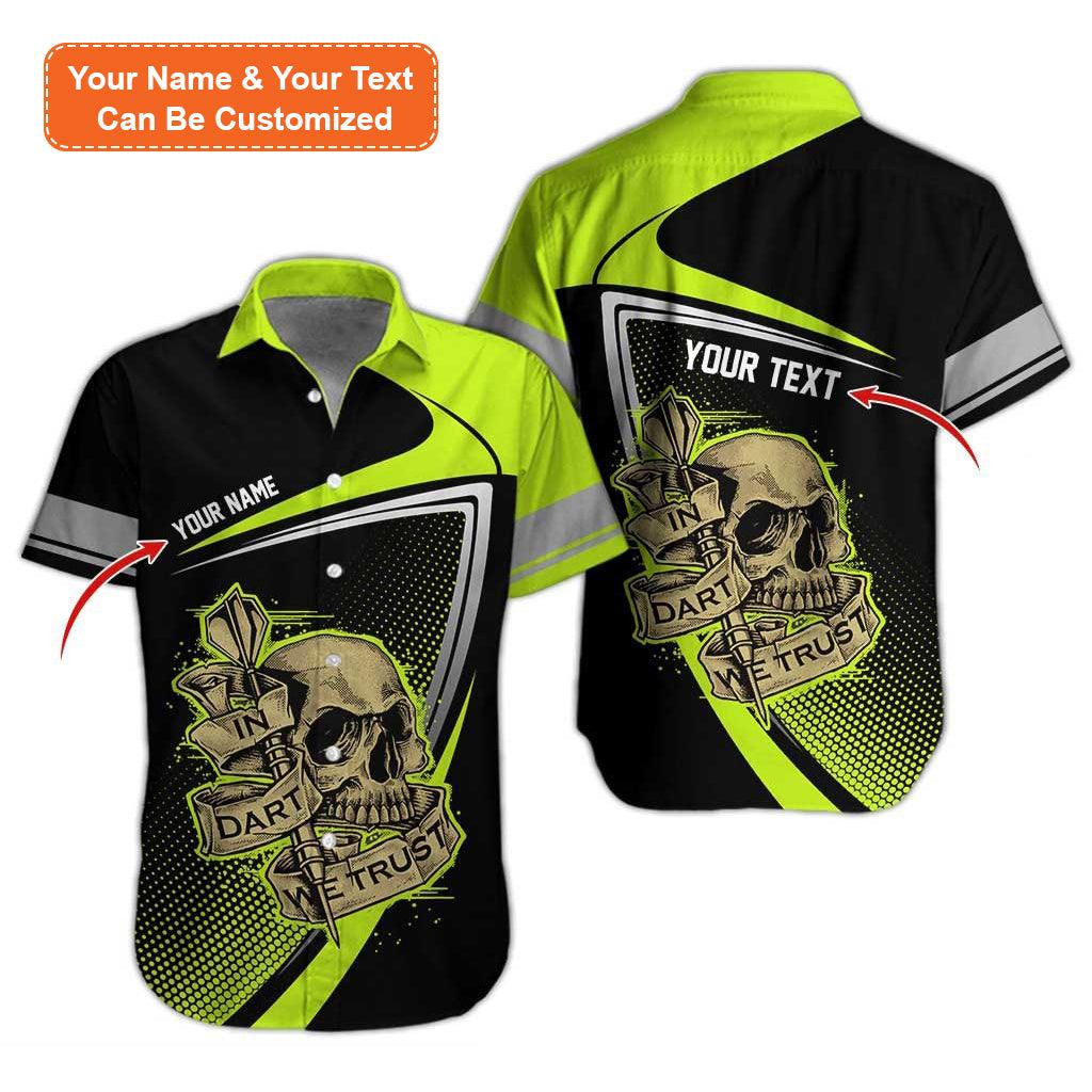 Personalized Name Darts Aloha Hawaiian Shirt, Darts Pattern And Skull,In Darts We Trust Personalized Name Hawaiian Shirt For Men & Women, Darts Lover - Amzanimalsgift