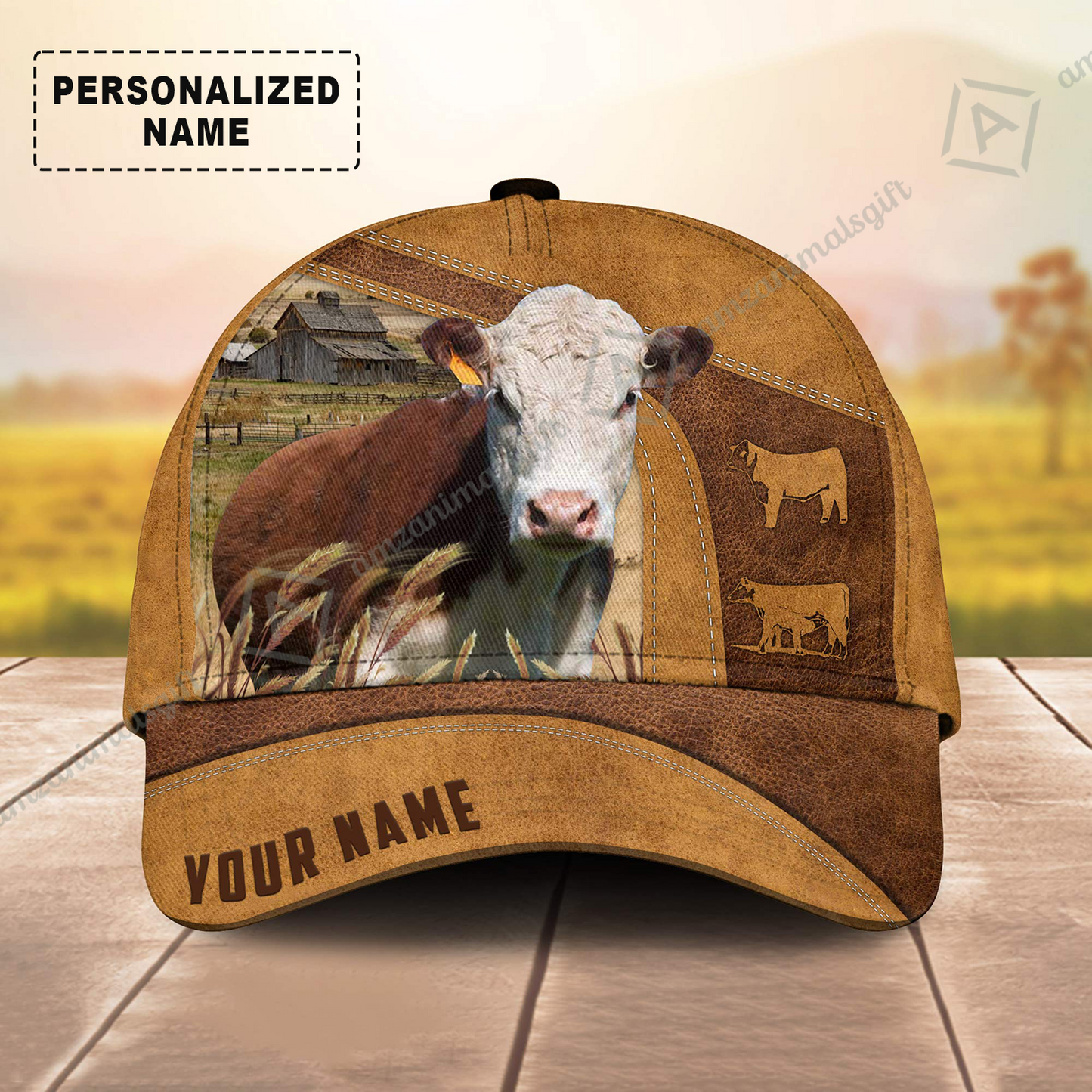 Personalized Name Hereford Cap, Cattle Farm Brown Leather Pattern Custom Hats For Friend, Family, Farmers, Hereford Lovers
