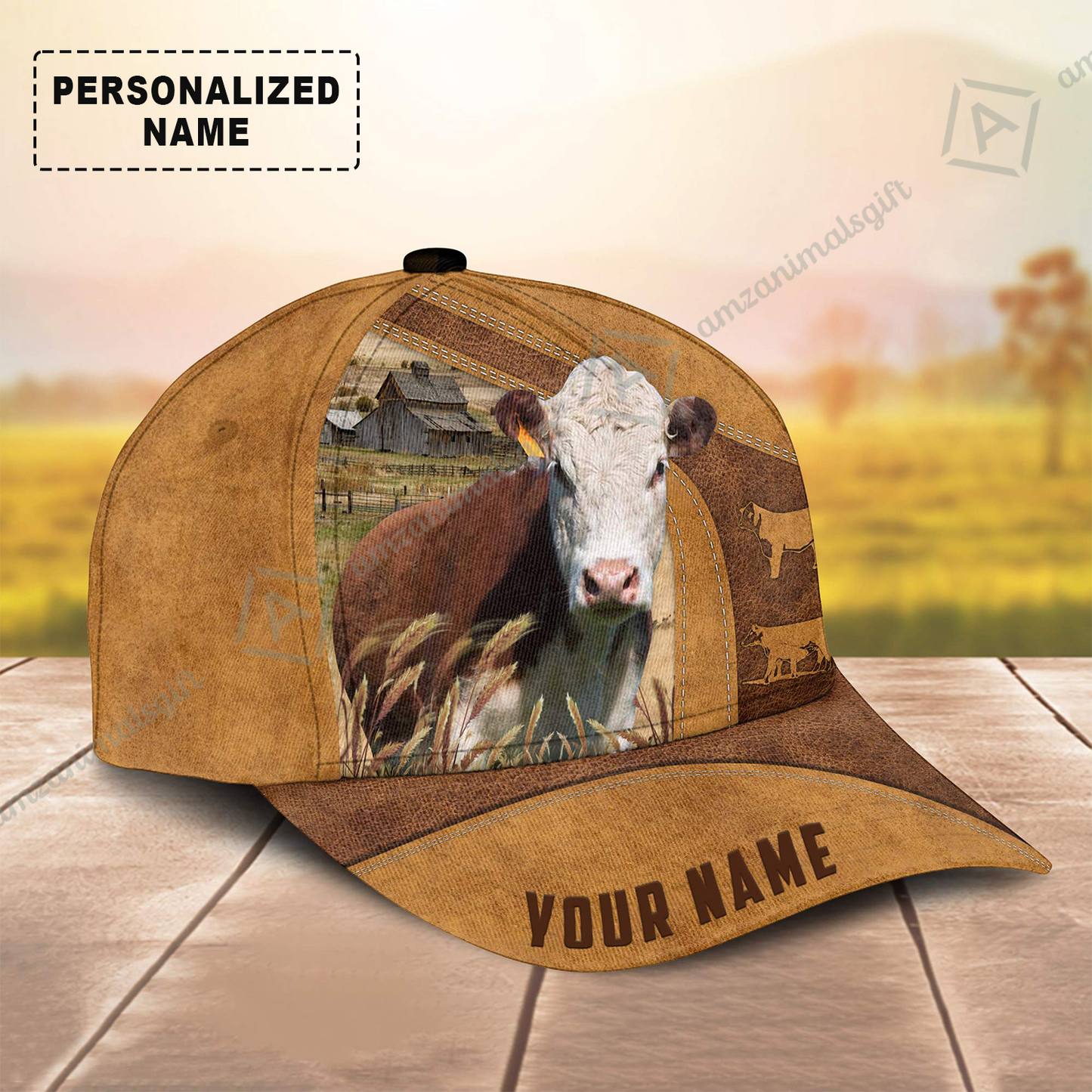 Personalized Name Hereford Cap, Cattle Farm Brown Leather Pattern Custom Hats For Friend, Family, Farmers, Hereford Lovers