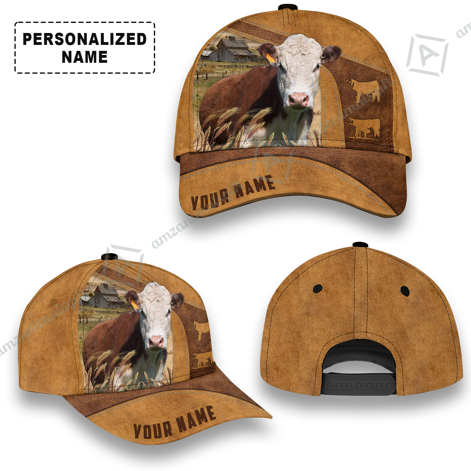 Personalized Name Hereford Cap, Cattle Farm Brown Leather Pattern Custom Hats For Friend, Family, Farmers, Hereford Lovers