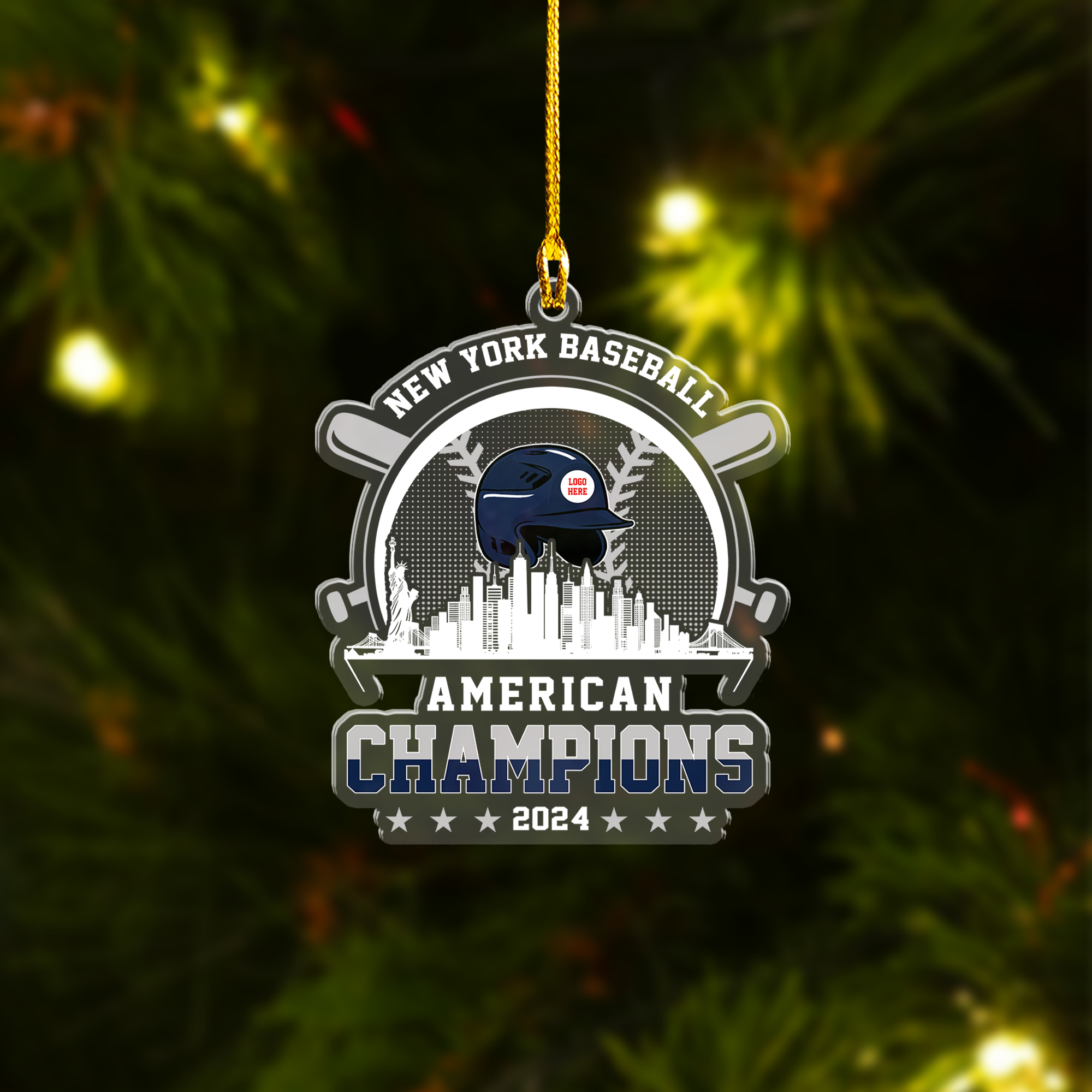 Personalized New York Y Baseball Skyline 2024 American Champions Acrylic Ornament, New York Y Champs Christmas Ornament Gifts